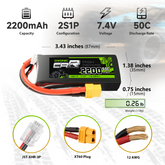 2×OVONIC 7.4V 2200mAh 2S1P 50C Lipo Battery with XT60 & Trx Plug for 1/16 1/18 TRA Cars
